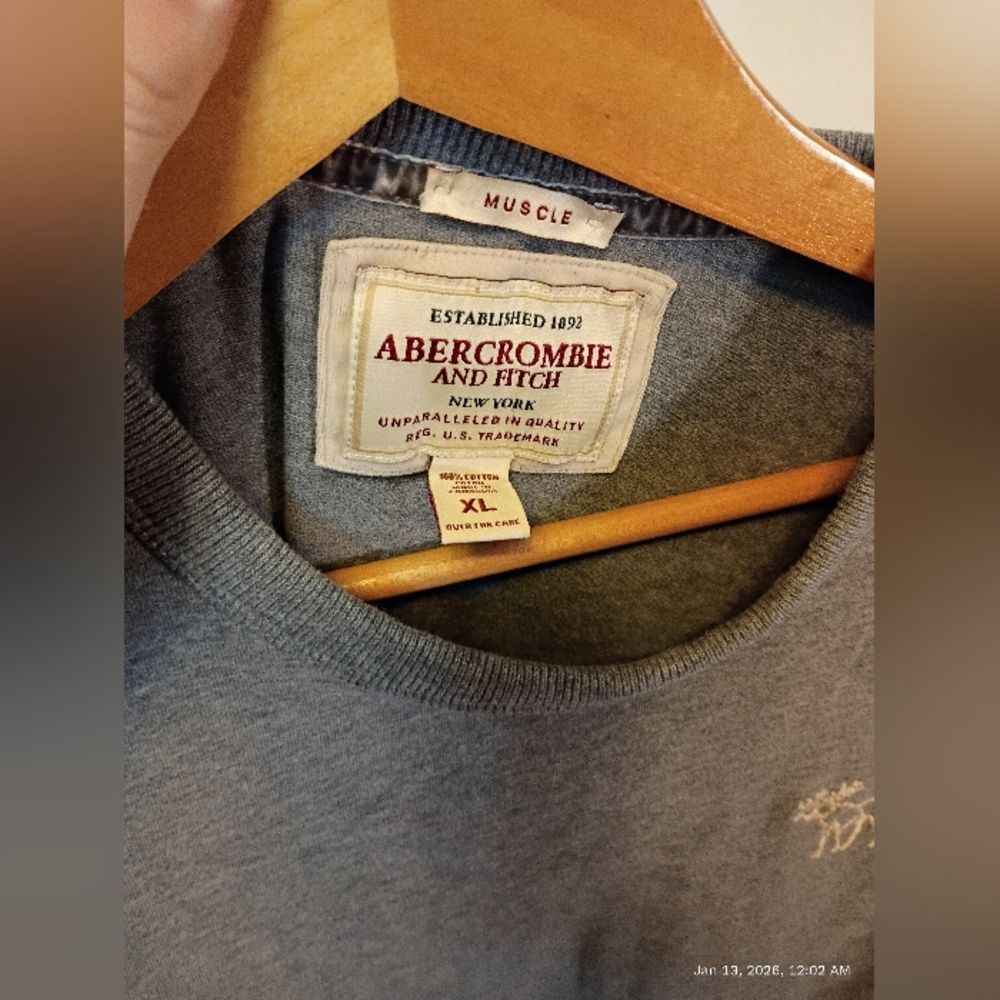 Abercrombie & Fitch Muscle Y2K Gray Long Sleeve shirt Moose Logo Vintage XL - Picture 5 of 10